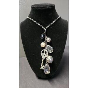 Silver Tone Peace Key Charm Y-Drop Necklace Glass Bead Costume Jewelry 18in